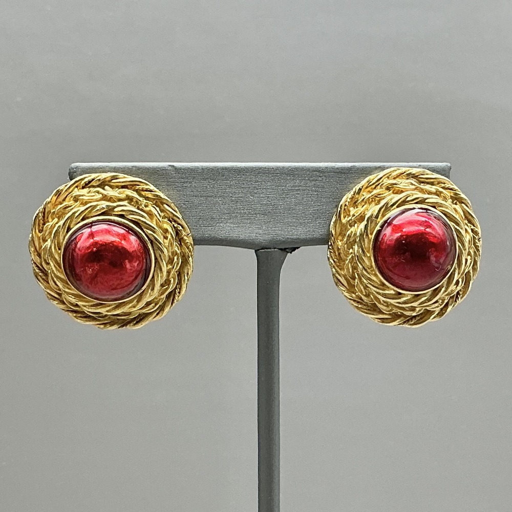 Vintage Earrings Gold Tone Rope‎ Texture Red Dome Stud Bold Jewelry Statement